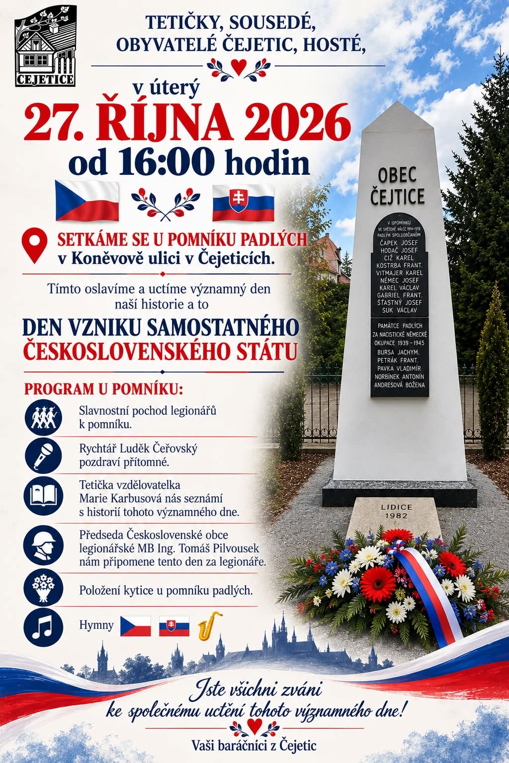 Plakát: Den vzniku samostatného československého státu, úterý 27. října 2026 od 16:00 u pomníku padlých v Koněvově ulici v Čejeticích. Zvou Baráčníci Čejetice.